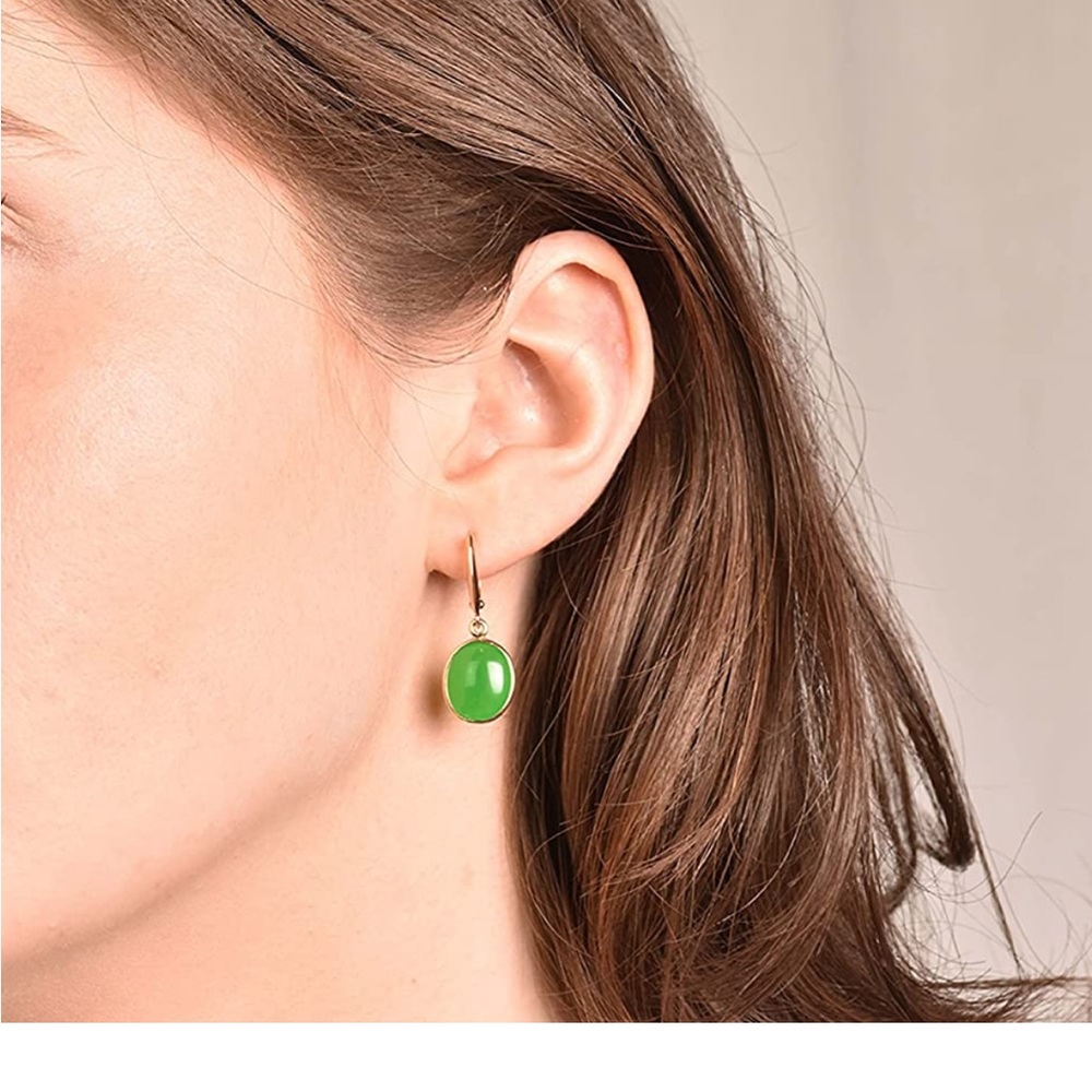 Jewelmak 14k Gold Oval Green Jade Dangle Earrings Fine Jewelry